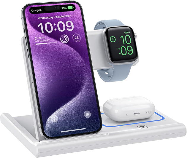 Wireless Charger,Foldable 3 in 1 Wireless Charger Stand for Apple Watch 9/8/7/6/Se/5/4/3/2,Airpods Pro/3/2,Fast Wireless Charging Station for Iphone 15/14/13/12/11/Xs/Xr/X/8（Not Adapter)