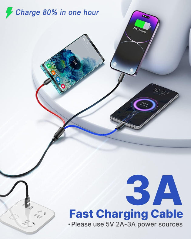 Multi Charger Cable, Multi Charging Cable 3 in 1 Fast Multi USB Charger Cable Multiple Cable Nylon with Micro USB Type C, Ip 14 13 12 11 Android Galaxy S22 S21 S20, Huawei, Kindle, LG