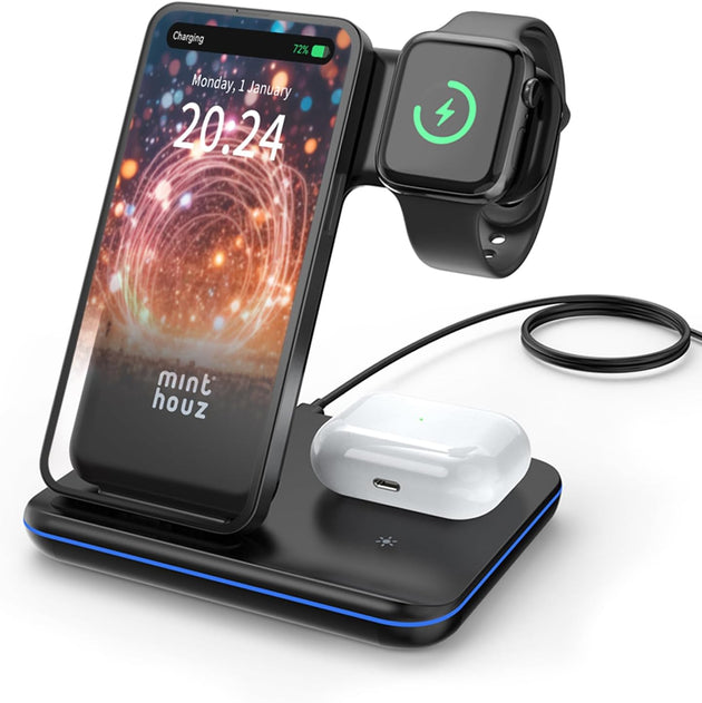 3 in 1 Wireless Charger with 18W Adapter, Fast Charging Station for Multiple Devices Apple Watch S8/7, Airpods 3/Pro, Charger Stand Compatible with Iphone 15/14/13/12/11/X/8