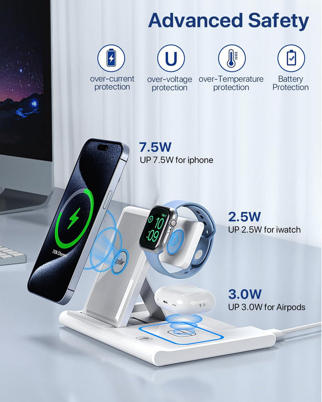 Wireless Charger,Foldable 3 in 1 Wireless Charger Stand for Apple Watch 9/8/7/6/Se/5/4/3/2,Airpods Pro/3/2,Fast Wireless Charging Station for Iphone 15/14/13/12/11/Xs/Xr/X/8（Not Adapter)