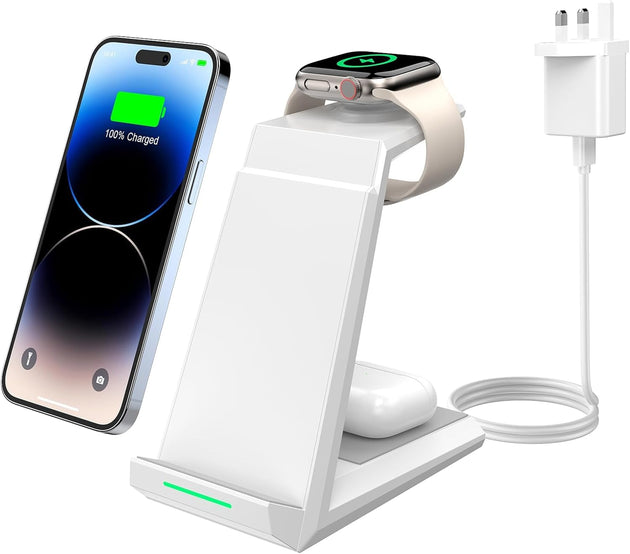 Wireless Charger 3 in 1 -  15W Fast Charging Station for Apple Iwatch Series 9/8/7/6/SE/5/4/3/2 Charger Stand for Multiple Devices Iphone 15/14/13/12/11 Pro Max/Xs/Xr/X/8 Airpods Pro-White