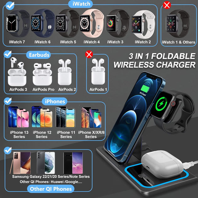 Wireless Charging Station 3 in 1, 18W Fast Foldable Wireless Charger with Plug Compatible with Iphone 15/14/13/12/11 Series, Iwatch Ultra 9/8/7/6/5/4/3, Airpods 3/2/Pro/Pro 2