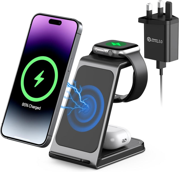 3 in 1 Wireless Charging Station,Aluminum Alloy Wireless Charger for Apple Devices,15W Fast Wireless Charging Stand for Iphone 15/14/13/12/11/8,Phone and Watch Charger Stand for Apple Watch,Airpods